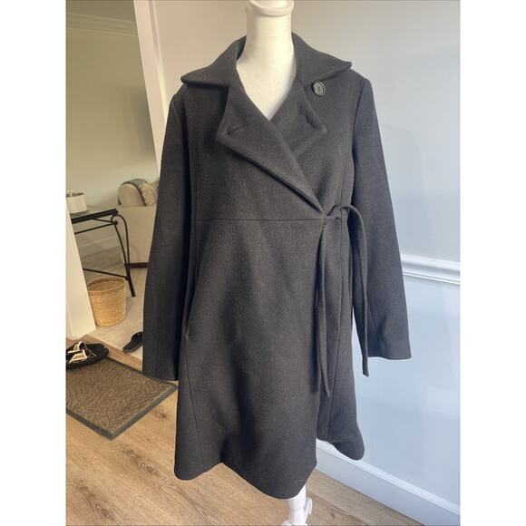 Gap Women Sz M Virgin Wool Trench Coat Wrap Tie Button Pockets Unique Minimalist - Picture 1 of 14
